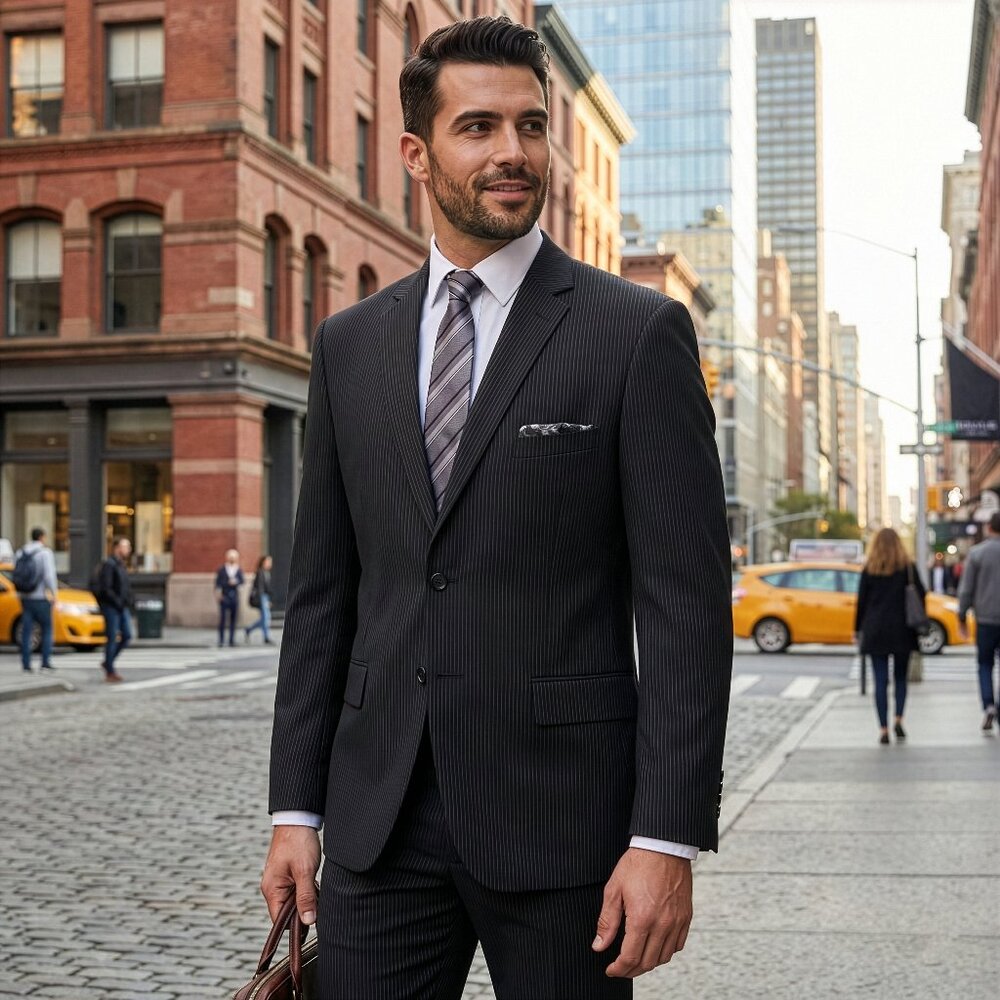 New 2026 Mens 2pc Black on Grey Pinstripes Suit Set, Modern Fit